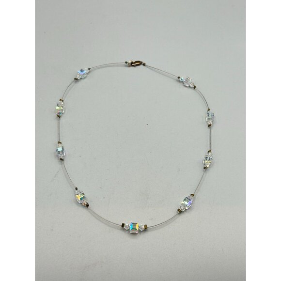 Aurora Borealis Crystal Necklace Spaced Station Delicate Silver 925 Clasp - Picture 2 of 8